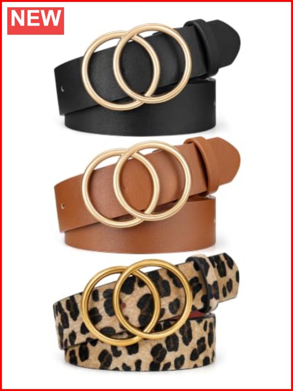 Women's Faux Leather Belt Set Double O-Ring Gold Buckle Waist Cinch